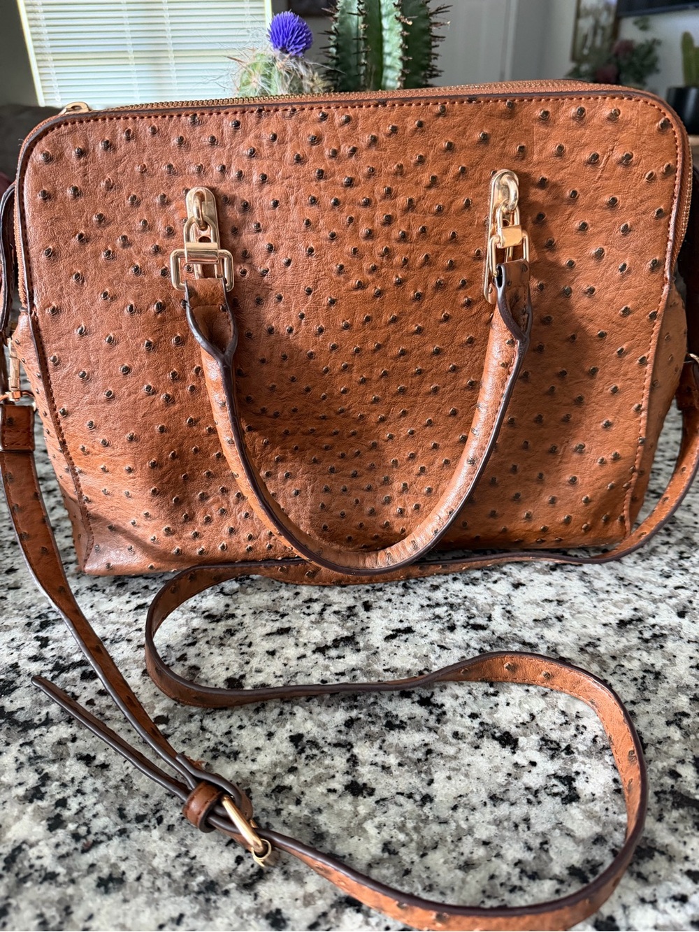 Cato Brown Faux-Ostrich Satchel with Gold Hardware